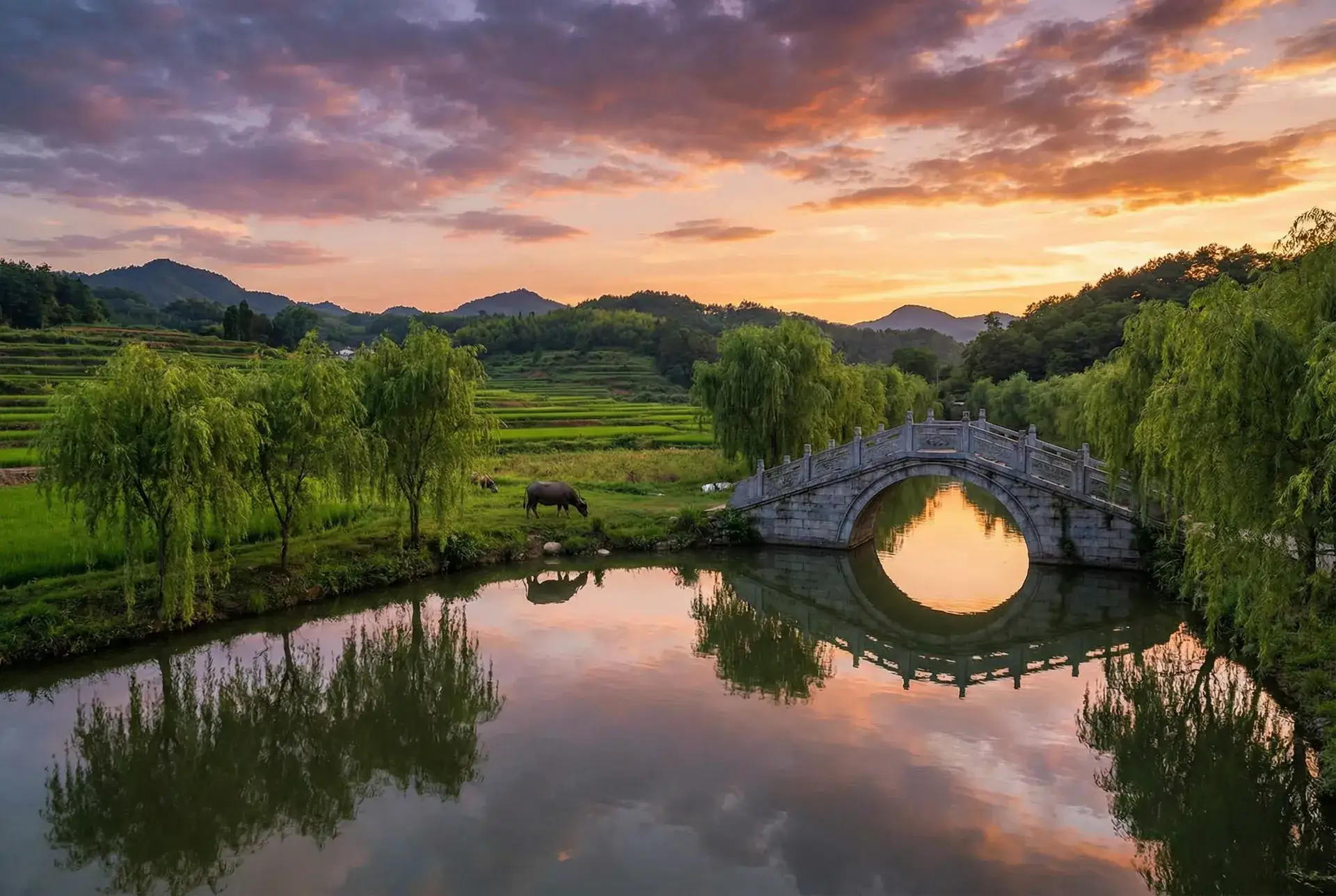 夕阳下的石拱桥与垂柳，水牛在河边吃草 - 中国的空天飞机 乡村美景
